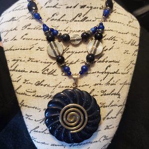 Dark Blue VERY SPARKLY Goldstone Scalloped Donut Necklace